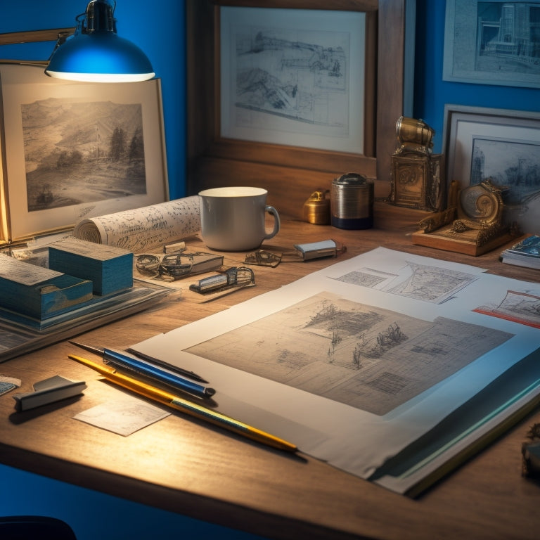 A cluttered desk with scattered blueprints, pencils, and a few framed engineer prints in various sizes, lit by a warm, soft overhead light, with a shallow depth of field.