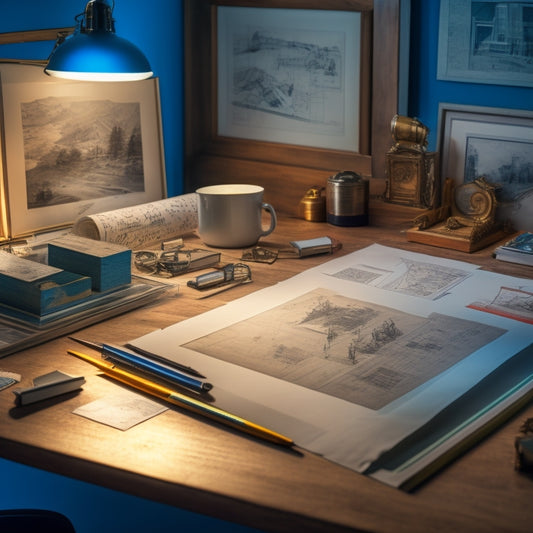 A cluttered desk with scattered blueprints, pencils, and a few framed engineer prints in various sizes, lit by a warm, soft overhead light, with a shallow depth of field.