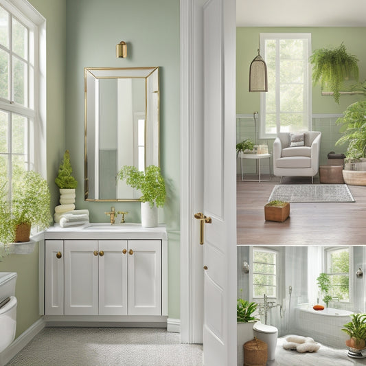 A bright, airy bathroom with 10 distinct swatches of color on the walls, each with a unique shade and texture, surrounded by white fixtures and lush greenery, illuminated by natural light.