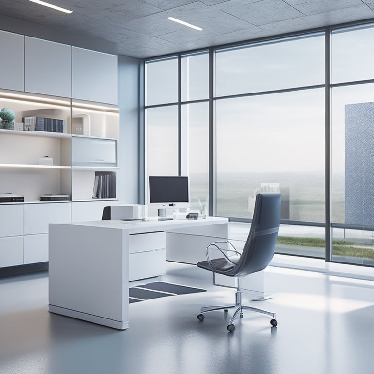 A futuristic, minimalist office space with a large, sleek touchscreen display showcasing a 3D floor plan, surrounded by stylish furniture and sleek lines, with subtle hints of digital connectivity.