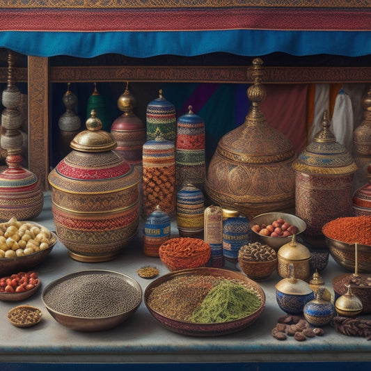 An illustration of a Indian-style marketplace with various products bearing unique barcodes, surrounded by vibrant colors, intricate patterns, and a subtle Indian flag motif in the background.