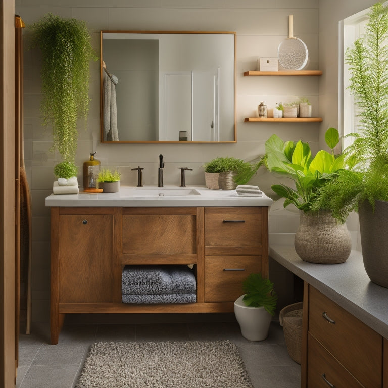 A bright, modern bathroom with dual sinks, featuring a DIY countertop made of rich, dark wood, accompanied by open shelving holding rolled towels and potted greenery, under warm, soft lighting.