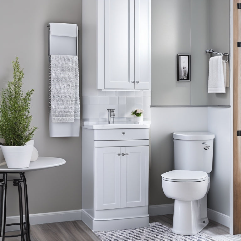 A sleek, modern bathroom with a wall-mounted toilet cabinet in a crisp white finish, adorned with chrome hardware, housing a toilet brush, extra toilet paper, and a few decorative towels.