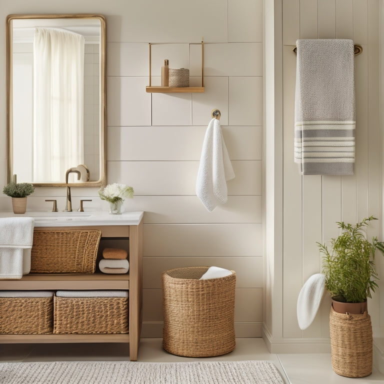 A serene, well-lit bathroom with a sleek, white vanity, adorned with a few, strategically-placed, woven baskets and a minimalist, wall-mounted shelf, showcasing a few, neatly-rolled towels.