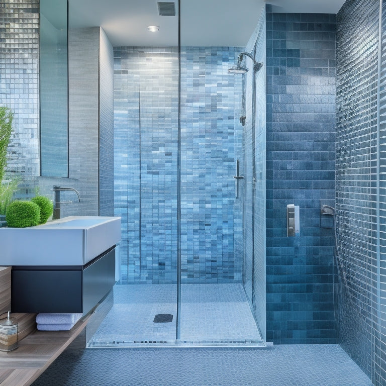 A modern bathroom with a large walk-in shower featuring a combination of materials: glossy white subway tiles on the floor, matte black granite walls, and a statement accent wall in iridescent glass mosaic.