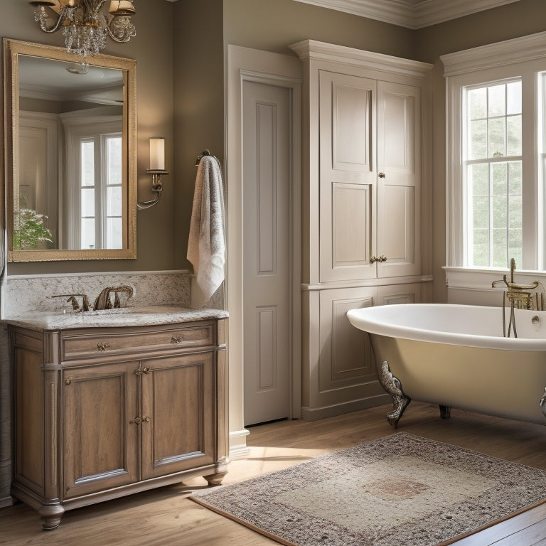 A serene bathroom with a freestanding tub, surrounded by warm beige walls and dark wood flooring, featuring a tall, ornate corner cabinet with glass doors and soft, warm lighting.