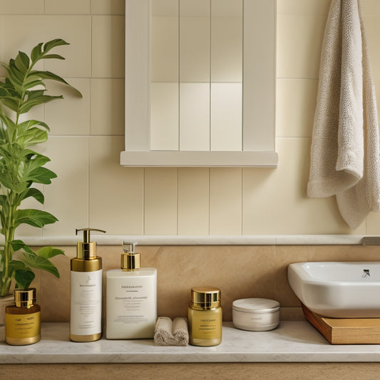 A serene bathroom scene featuring three wooden corner shelves in different styles, each holding toiletries and decorative items, set against a soft, white marble background with subtle natural light.
