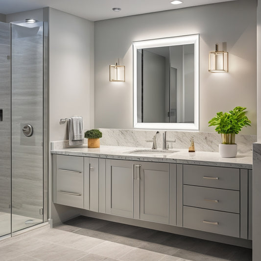 A well-lit, modern bathroom with a sleek, double-sink vanity featuring rounded edges, chrome faucets, and a large, rectangular mirror above, surrounded by gray and white marble walls and floors.