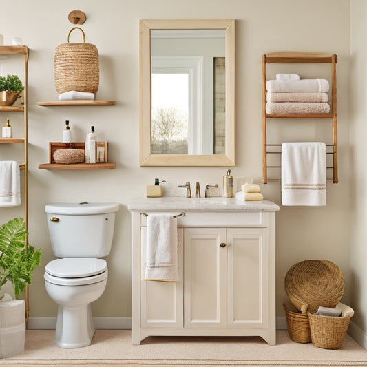 A serene bathroom with creamy white walls, featuring three floating open shelves in a warm wood tone, holding various bathroom essentials like rolled towels, soap dispensers, and a few decorative vases.