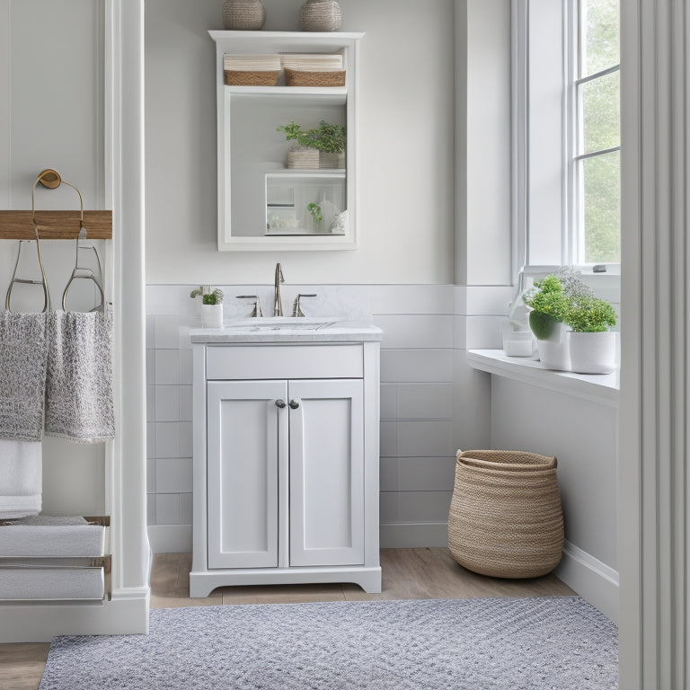 A serene bathroom with a pedestal sink, surrounded by a woven basket, a slim storage cabinet, and a recessed shelf, all in a calming white and gray color scheme, with soft lighting.