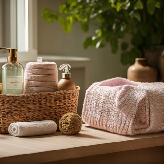 A serene bathroom scene featuring a soft, pastel-hued Bloom Yarn crochet basket filled with rolled towels, placed on a natural wood shelf amidst lush greenery and a few decorative soap bottles.