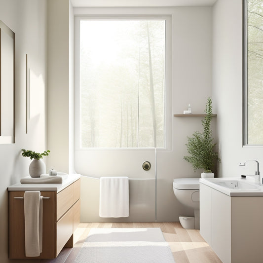 A serene minimalist bathroom featuring sleek, wall-mounted cabinetry, a compact floating sink, and a frameless shower. Soft natural light filters through a frosted window, illuminating neutral tones and elegant, space-saving designs.