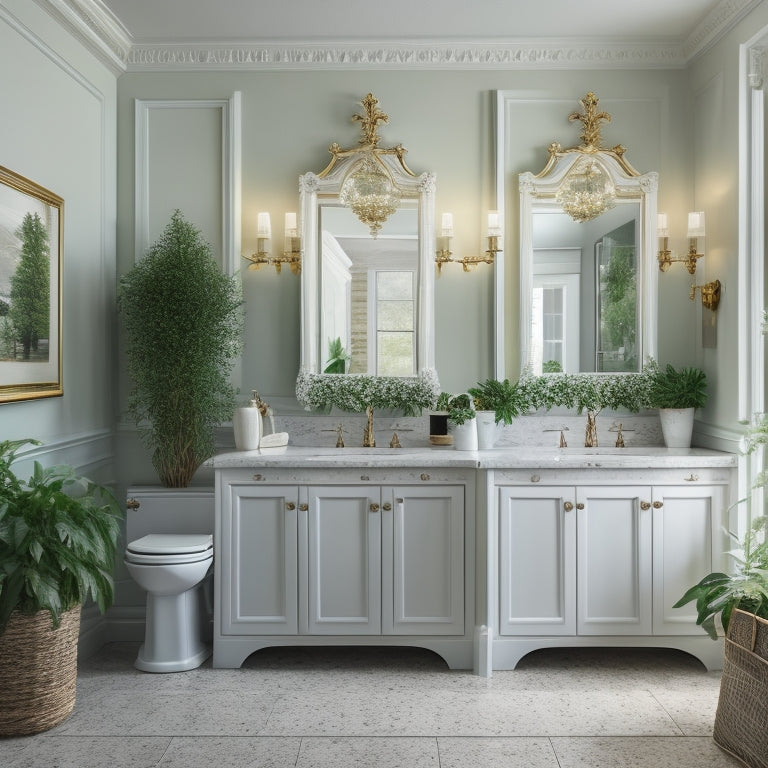 A serene, well-lit bathroom with 7 white floor cabinets of varying sizes, each with ornate metal handles, placed against a neutral-colored wall, surrounded by elegant fixtures and lush greenery.
