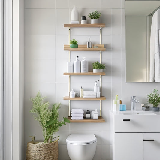 A modern bathroom featuring sleek, wall-mounted shelves filled with neatly organized toiletries, a compact corner shower caddy, and hanging storage solutions, complemented by minimalist decor and bright, natural lighting for an airy feel.