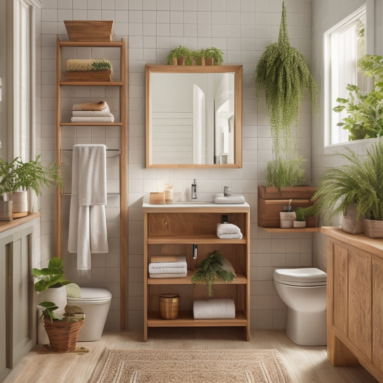 A serene, well-lit bathroom with a wall-mounted, wooden DIY shelving unit featuring three spacious compartments, adorned with decorative towels, soap dispensers, and a few potted plants.