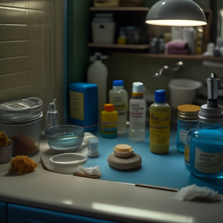 A dimly lit, messy bathroom cabinet with expired toiletries, tangled hair accessories, and dusty containers, with a few items spilling out onto the counter, surrounded by soap scum and water stains.