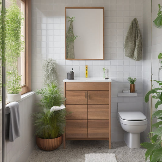 A cozy small bathroom featuring a sleek, modern cabinet with natural wood finish, minimalist decor, soft lighting, and vibrant green plants, set against a backdrop of elegant tiles and a stylish mirror.