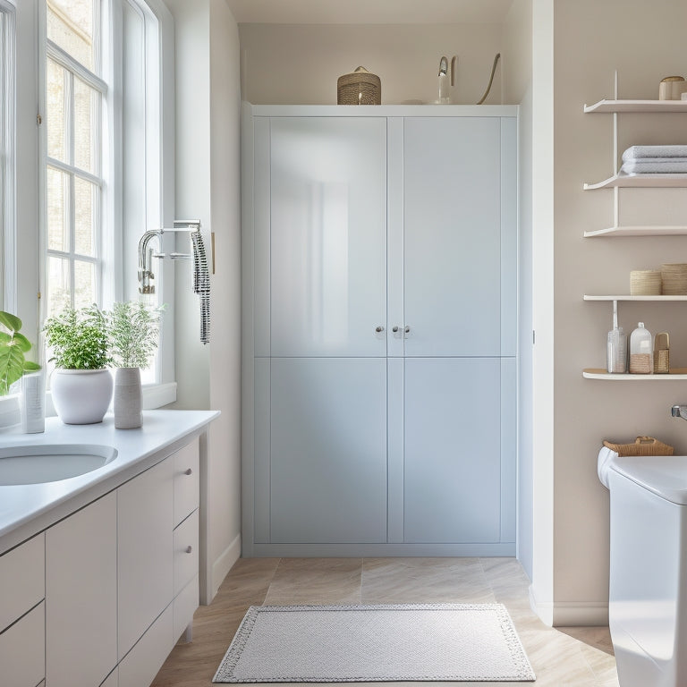 A serene, minimalist tiny bathroom with a wall-mounted shelf above the sink, a recessed medicine cabinet, and a floor-to-ceiling storage unit with glass doors, surrounded by calming whites and soft grays.