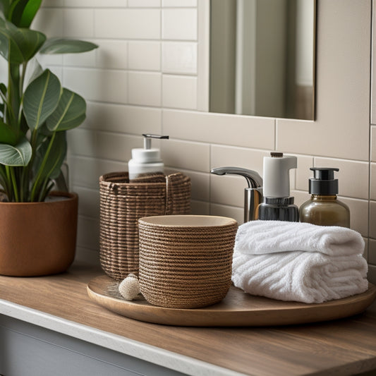 A bathroom countertop with a wooden shelf above the sink, adorned with woven baskets, a soap dispenser, and a small potted plant, against a soft, gray background with subtle marble patterns.