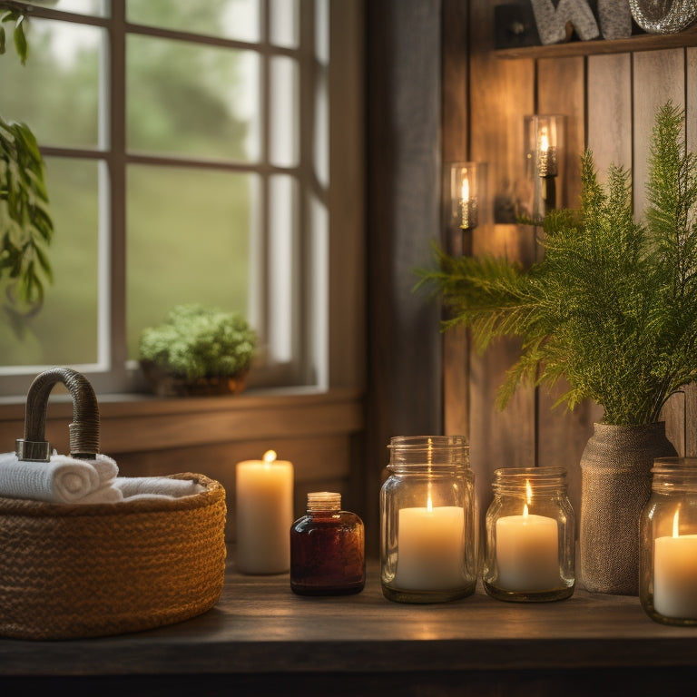 A serene bathroom scene featuring a rustic wooden vanity, adorned with three mason jars in varying sizes, filled with lush greenery, surrounded by candles and soft, warm lighting.