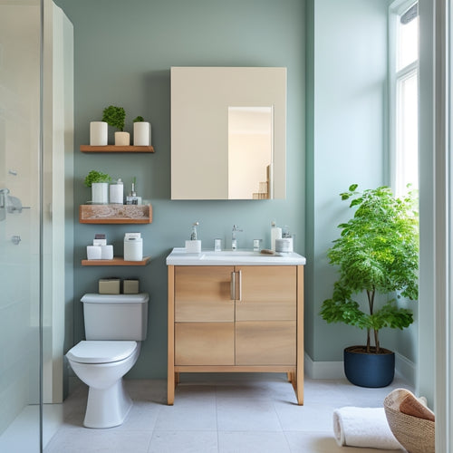 A minimalist bathroom with a wall-mounted cabinet, sliding drawer, and pedestal sink, showcasing a clutter-free space with carefully arranged toiletries, towels, and decorative accents in a calming color palette.