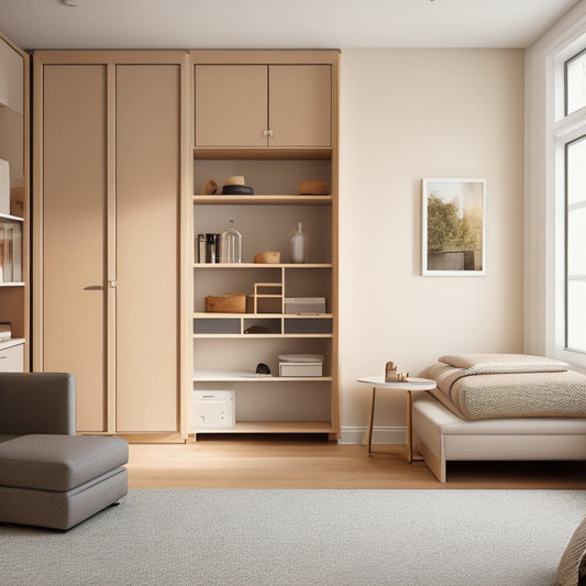 A minimalist, modern room with a Murphy bed, a compact shelving unit, and a storage ottoman, showcasing a small, clutter-free space with a calm, neutral color palette.