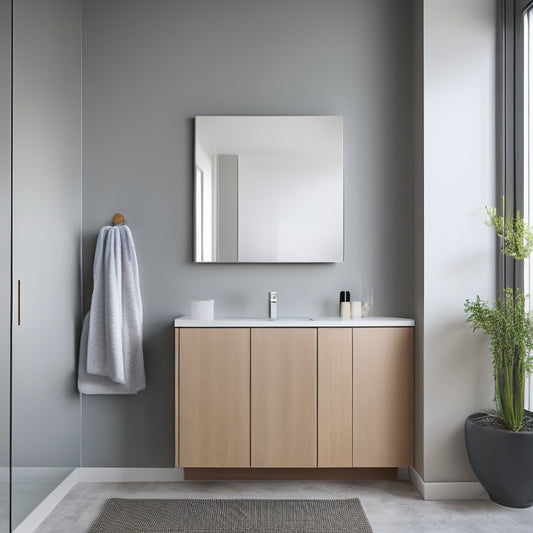A minimalist, modern bathroom with a sleek, wall-mounted cabinet featuring clean lines, rounded edges, and a mirrored door, set against a calming, soft-gray background with subtle wood accents.