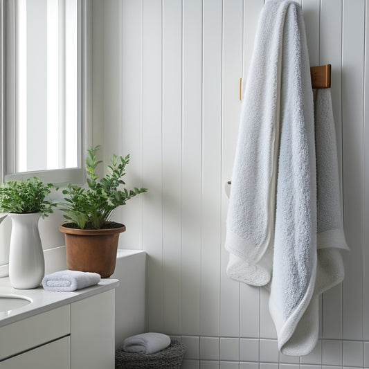 A serene, minimalist bathroom with a sleek, wall-mounted towel storage shelf holding three rolled towels, surrounded by a few potted plants and soft, warm lighting.