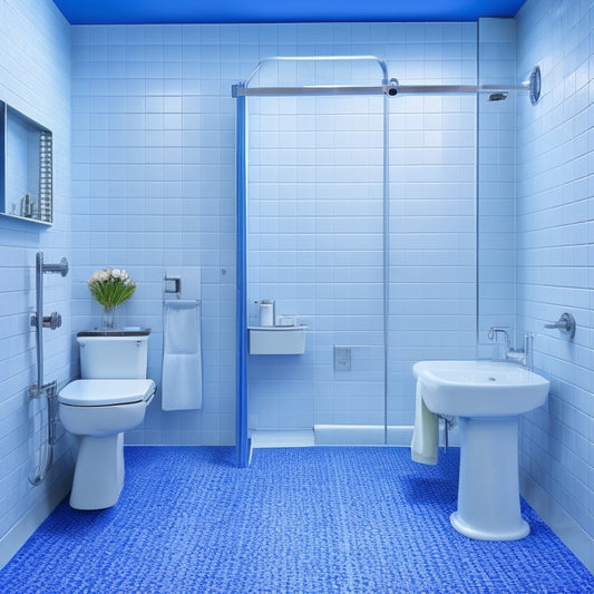 A modern, wheelchair-accessible toilet shower room with grab bars, non-slip flooring, a roll-in shower, and a wall-mounted sink, set against a calming blue and white tile backdrop.
