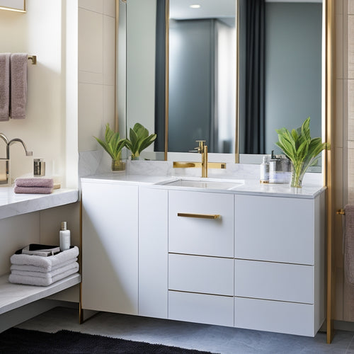 A sleek, modern bathroom with a partially open drawer, revealing a custom inserts system featuring compartments for toiletries, skincare products, and a built-in charging station, set against a minimalist, marble backdrop.