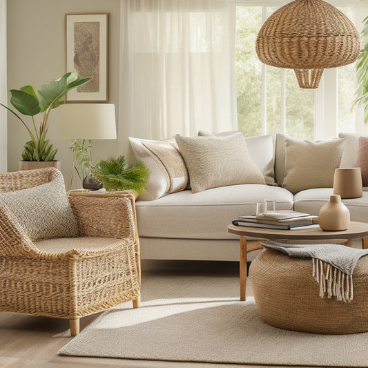 A serene living room scene featuring a plush sectional sofa, surrounded by three differently sized woven baskets in natural fibers, holding various decorative items and greenery, against a soft, creamy background.