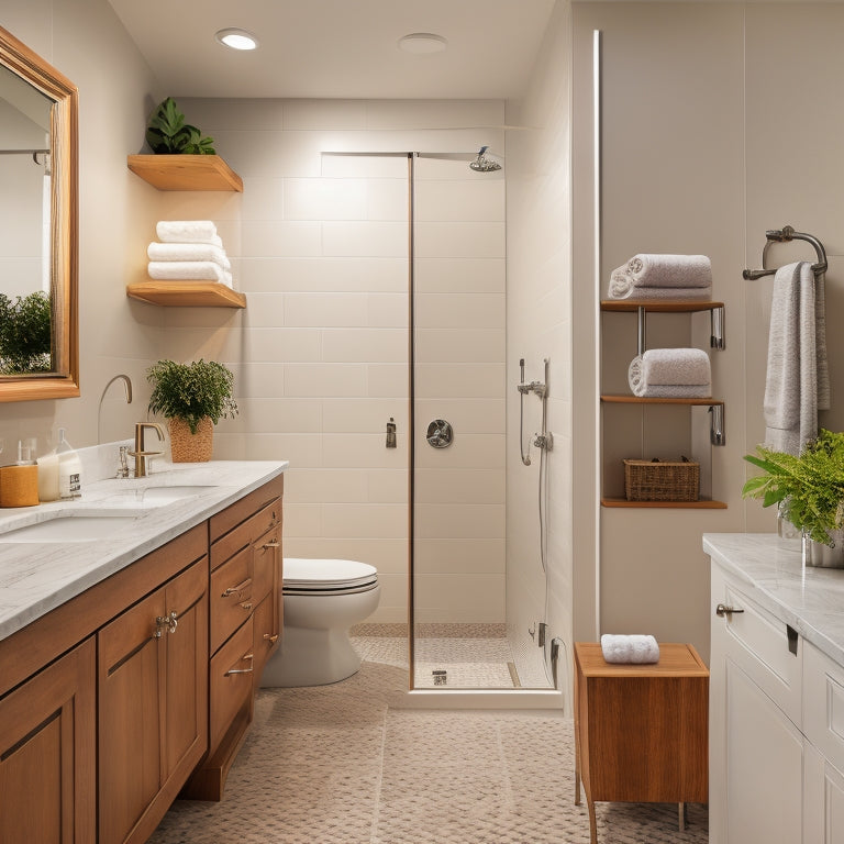 A serene, well-lit bathroom with a walk-in shower, grab bars, and a shower seat, featuring a stylish, wall-mounted cabinet with pull-out shelves and a nearby, slip-resistant mat.