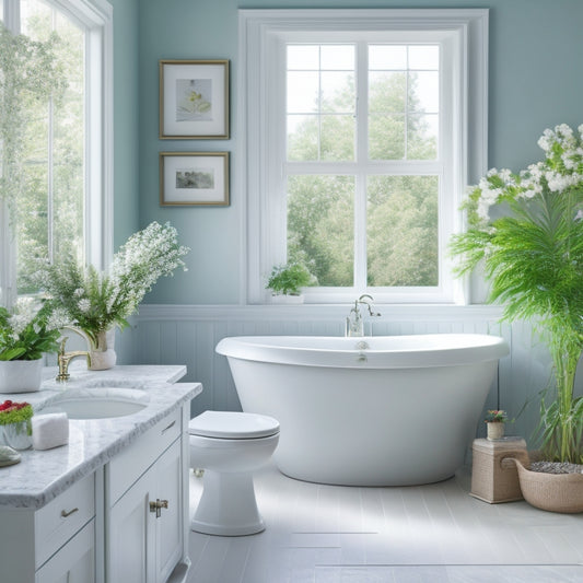 Generate an image of a serene bathroom with soft, creamy light blue walls, crisp white marble countertops, and a freestanding tub surrounded by lush greenery and delicate white flowers.