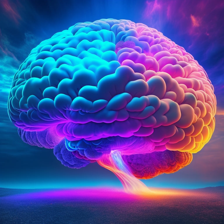 A futuristic, glowing brain surrounded by swirling clouds of colorful ideas, with radiant lines and shapes bursting out, forming a vibrant, intricate mind map with interconnected nodes and curved pathways.