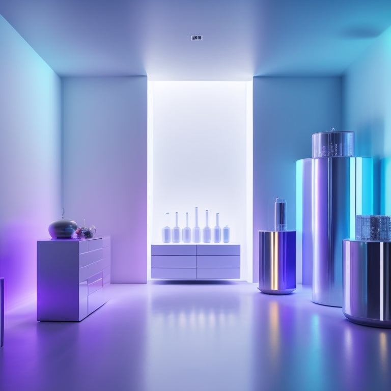 A futuristic, minimalist room with a sleek, silver floor and walls, featuring a collection of glowing, iridescent containers in various shapes and sizes, suspended in mid-air, with soft, pulsing lights.