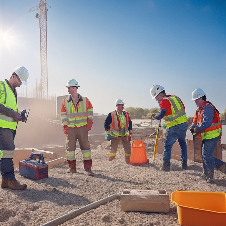 An image depicting a construction site with workers wearing hard hats, safety vests, and goggles, surrounded by caution tape, cones, and a prominent first aid kit in the foreground.