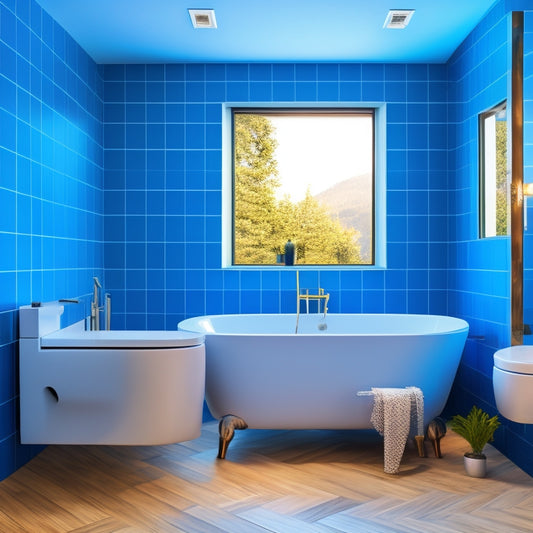 Generate an image of a sleek, modern bathroom with a statement accent wall featuring a geometric pattern in shades of blue and white, surrounded by minimalist fixtures and a freestanding tub.