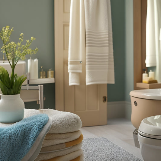 A serene bathroom scene with plush towels, a toilet paper holder, a soap dispenser, a toothbrush holder, a hair dryer, and a wastebasket, arranged in a tidy and inviting manner.