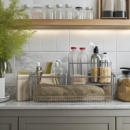 A stylish, organized under-sink cabinet featuring tiered wire baskets, labeled containers, and eco-friendly cleaning supplies, all set against a sleek, modern kitchen backdrop with urban decor elements and soft ambient lighting.