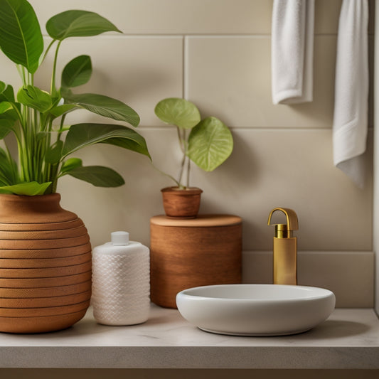 A serene bathroom scene featuring a wooden stand with a rounded edge, holding a minimalist soap dispenser and a potted plant, set against a neutral-toned tile backdrop with soft, warm lighting.