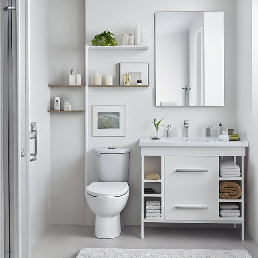 A minimalist bathroom with white walls, gray countertops, and a small sink, featuring a few strategically placed compact organizers, including a wall-mounted shelf, a pedestal sink storage unit, and a hanging shower caddy.