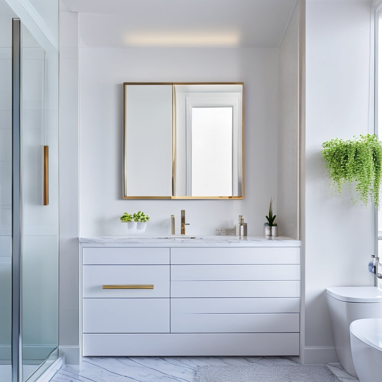 A modern bathroom with a large, rectangular mirror above a sleek, wall-mounted cabinet featuring two drawers with chrome handles, surrounded by crisp white walls and polished marble countertops.