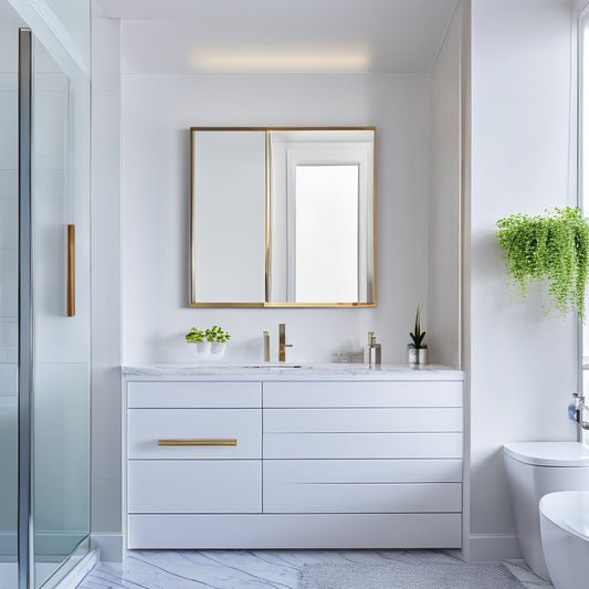 A modern bathroom with a large, rectangular mirror above a sleek, wall-mounted cabinet featuring two drawers with chrome handles, surrounded by crisp white walls and polished marble countertops.