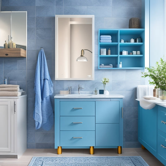 A modern bathroom with a wall-mounted cabinet featuring a mirrored door, a recessed shelf with rolled towels, and a pull-out drawer with baskets holding toiletries, set against a calming gray-blue backdrop.