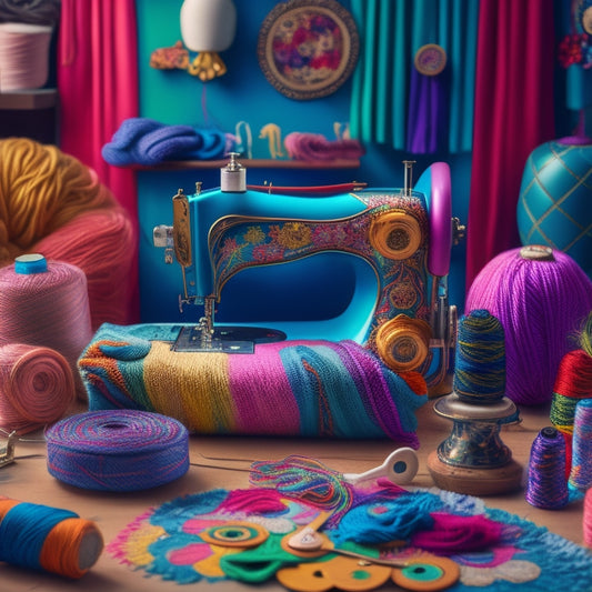 A whimsical illustration of a fantastical design studio, with colorful fabrics, threads, and yarns spilling out of a vibrant, oversized sewing machine, amidst a backdrop of swirling patterns and shapes.