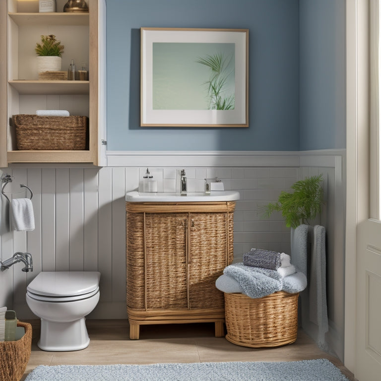 A serene, well-lit small bathroom with a wall-mounted cabinet, a pedestal sink with storage beneath, a shower caddy, and a woven basket on a shelf, showcasing organized elegance.