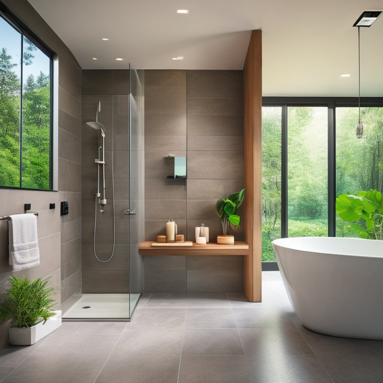 A sleek, modern bathroom with a wall-mounted sink featuring a waterfall faucet, surrounded by large format tiles and a walk-in shower with a rain showerhead and linear drain.