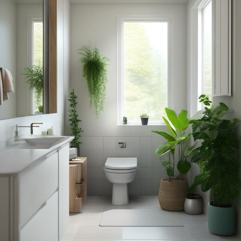 A serene, minimalist bathroom with a compact sink, toilet, and shower, adorned with lush greenery and soft, warm lighting, showcasing the efficient use of space in a small bathroom.