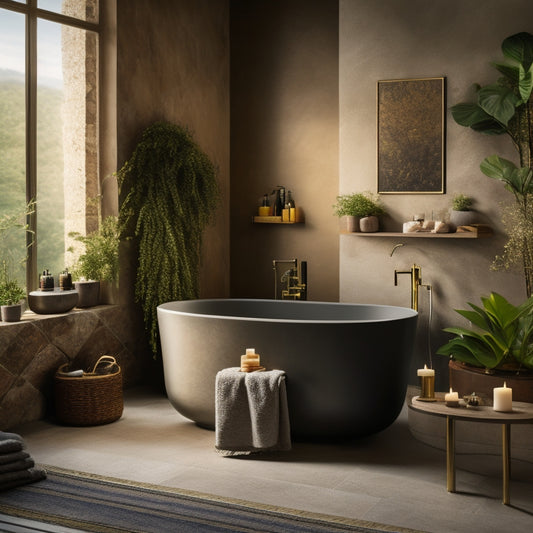 A serene bathroom with a freestanding tub, surrounded by natural stone walls and floor, featuring a floating shelf with a potted orchid, candles, and decorative vases in a mix of metallic and earthy tones.