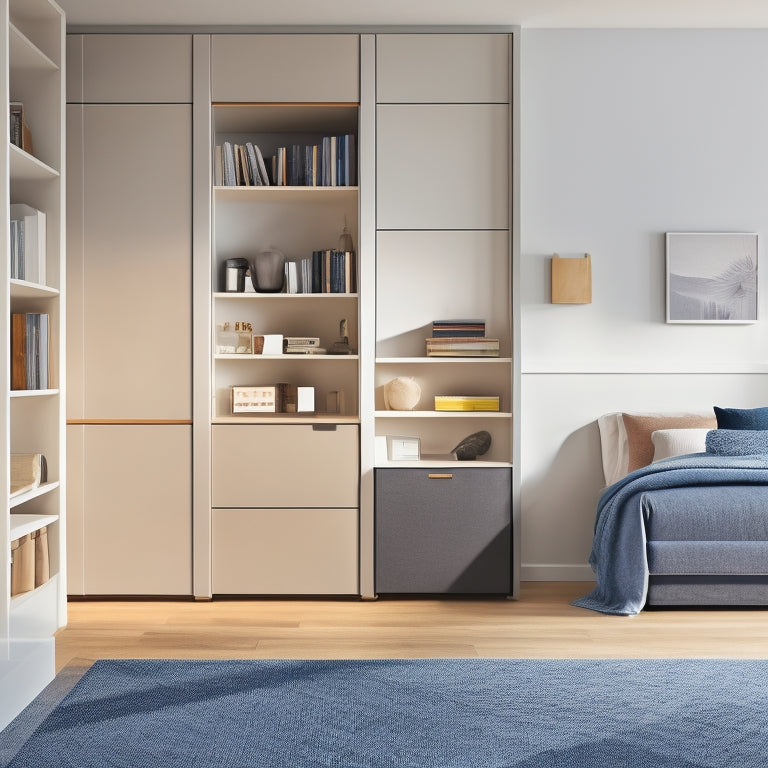 A minimalist, modern room with a Murphy bed, floor-to-ceiling shelves, and a multi-tiered storage unit, showcasing optimized storage solutions for small spaces.